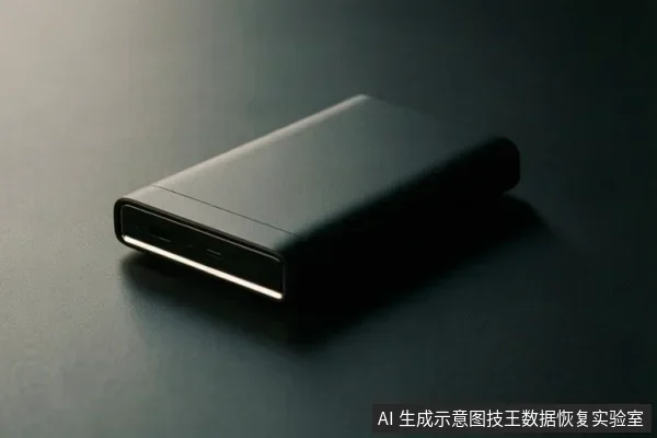 深色桌面上放置一个黑色长方体移动存储设备,前端可见两个接口,设备表面无文字。