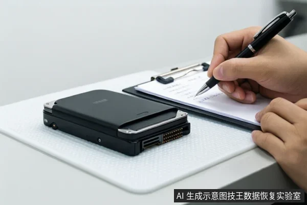 桌面上放置一块黑色移动硬盘,旁边有人手持黑色签字笔在写字板上记录信息。