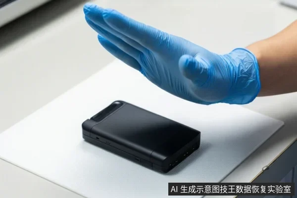 白色台面上放置一块黑色移动硬盘,一只戴蓝色手套的手悬停在硬盘上方,未接触设备。