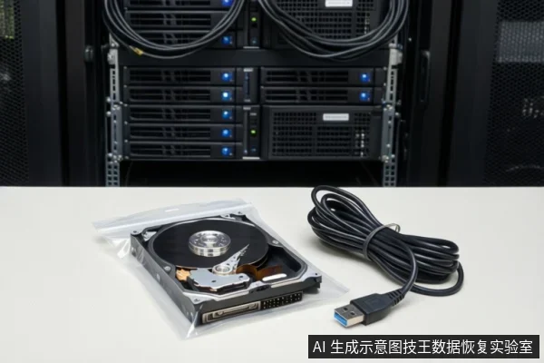 浅色桌面上一个开盖机械硬盘装在透明自封袋内,旁边放着一根带蓝色接头的USB数据线,背景是带多块硬盘托架和线缆的服务器机柜