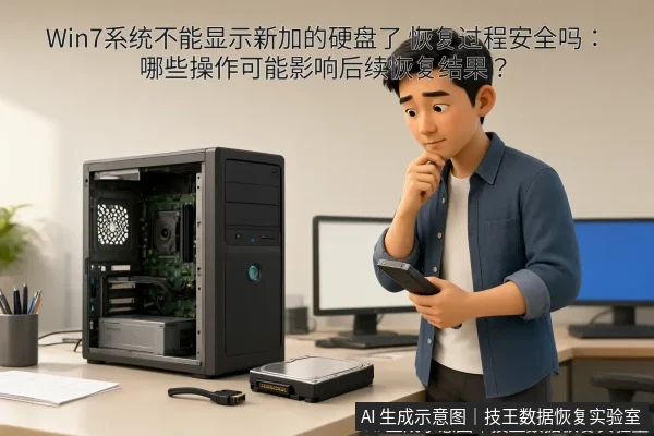 文章内容场景示意图：Win7系统不能显示新加的硬盘了 恢复过程安全吗：哪些操作可能影响后续恢复结果？