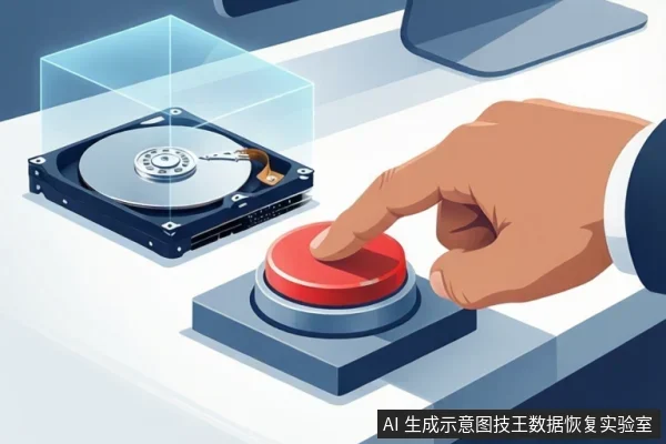 插画中,一只手正按压一个红色按钮,旁边放置着一个被透明立方体罩住的机械硬盘,背景为桌面环境。