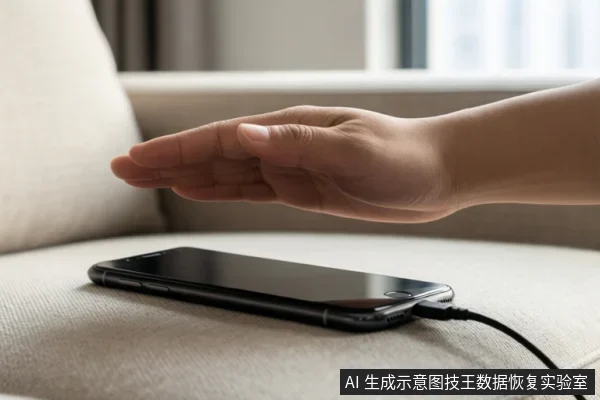 一只手悬停在沙发上的黑色智能手机上方,手机连接着充电线,背景为室内环境。