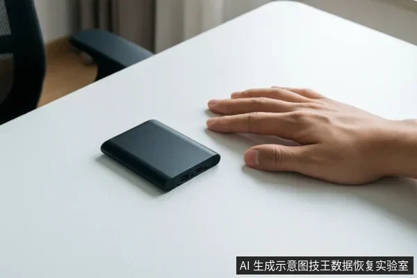 白色桌面上放着一块黑色固态硬盘,旁边有一只手平放在桌面上。