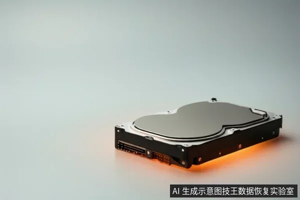 一个黑色硬盘设备放置在浅色平面上,底部边缘发出橙色光晕,背景为纯白色。