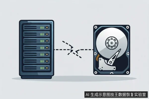 左侧为一台带指示灯的服务器机箱,右侧为一块打开顶盖的机械硬盘,中间有虚线箭头从服务器指向硬盘。
