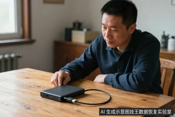 一名亚洲中年男子坐在木桌前,低头注视桌面上连接着数据线的黑色移动硬盘,右手轻放在硬盘旁。