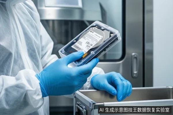 Person in cleanroom suit and blue gloves holds a bare hard drive in a clear case.
