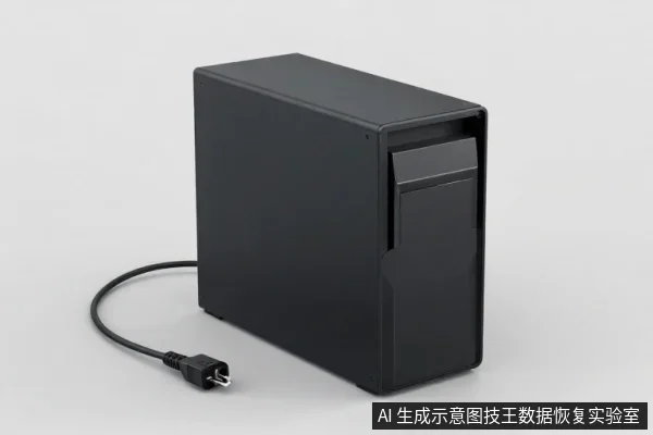 黑色外置硬盘竖放在浅色桌面上,侧面有可开启面板,电源线插头置于一旁。