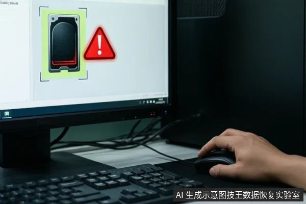 一只手握着鼠标,面前的电脑屏幕上显示一个移动硬盘图标和一个红色警告标志,旁边有键盘。