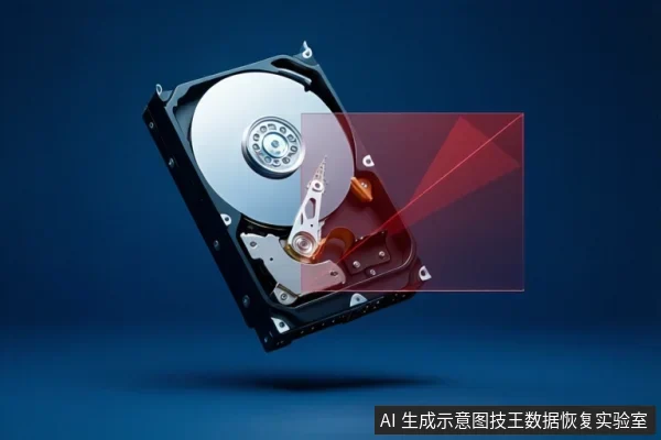 蓝色背景中悬浮一块打开外壳的机械硬盘,可见盘片、主轴与磁头组件,右侧叠加半透明红色光束示意区域。
