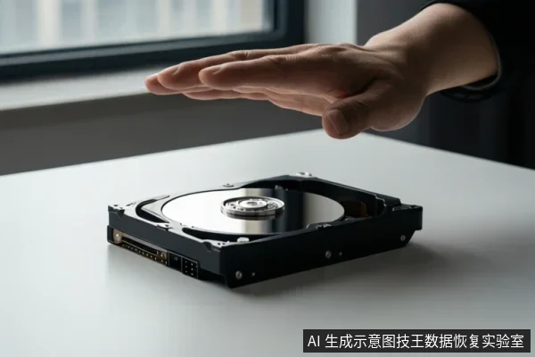 白色桌面上放置一块打开顶盖的机械硬盘,可见盘片与磁头组件,一只手悬停在硬盘上方,背景为窗边室内环境。