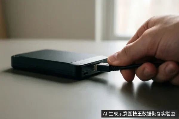 一只手正将USB数据线插入放置在桌面上的黑色移动硬盘接口,背景为室内环境。