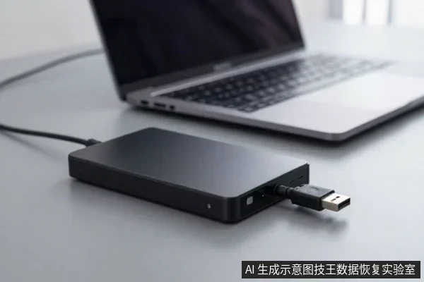 黑色移动硬盘平放在桌面,USB线连接侧面接口,背景为笔记本电脑
