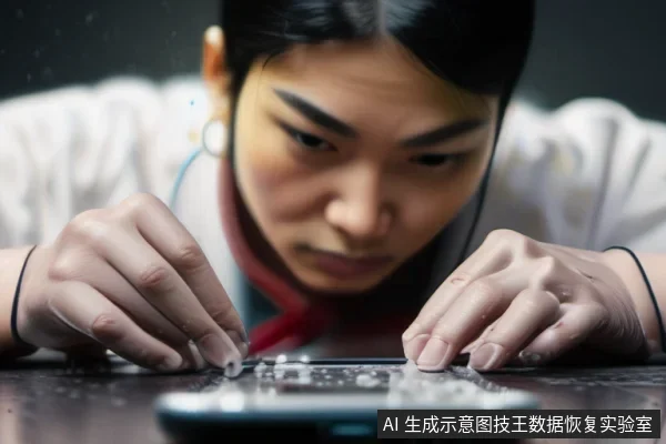 一名技术人员俯身近距离观察桌面上的一部手机,手机表面可见白色结晶状残留物,双手置于桌面两侧,呈现进水腐蚀后的检查场景。