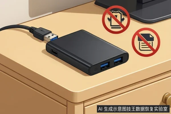办公桌上放着一个连接着USB线的黑色外置移动硬盘，旁边悬浮着两个红色的禁止图标，分别示意禁止格式化磁盘和禁止写入文档。