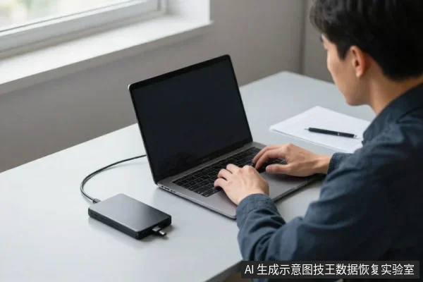 一名亚洲男性坐在桌前，将黑色移动硬盘通过线缆连接至笔记本电脑，右手操作键盘，桌面放有纸笔。