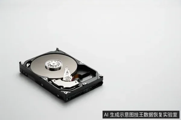 白色背景上展示一个打开外壳的机械硬盘,可见金属盘片、中心主轴、磁头组件及边缘接口。