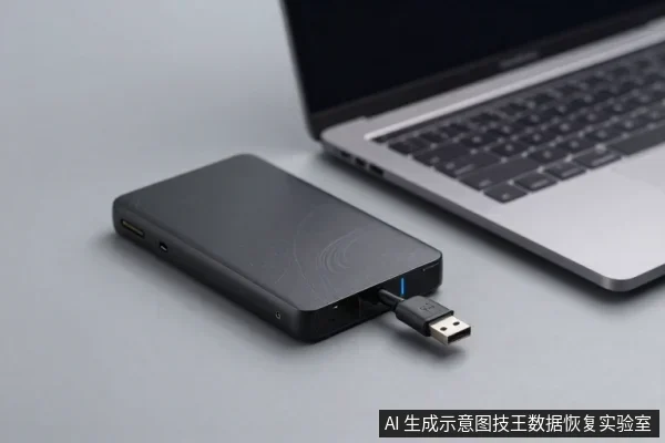 深灰色移动硬盘平放在桌面,侧面USB接口插着一根数据线,旁边是一台银色笔记本电脑的键盘部分。