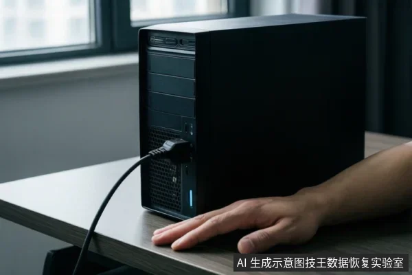 桌面上放置一台黑色台式电脑主机,电源线已插入机身,一只手平放在主机旁的桌面上。