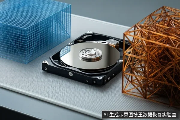 灰色台面上放置一块打开的机械硬盘,盘片与主轴清晰可见;左右两侧分别有蓝色和橙色线框立方体装饰。