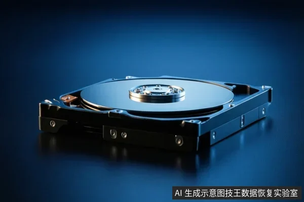 蓝色背景上放置一块打开顶盖的机械硬盘,可见圆形盘片、中心主轴和黑色外壳,表面有反光。