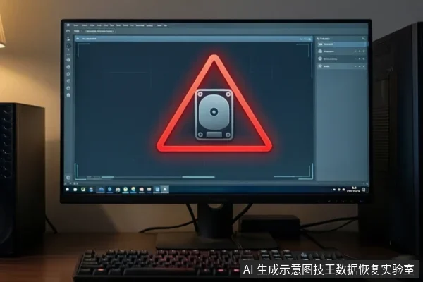 显示器屏幕中央显示红色警告三角，内部为机械硬盘图标，下方有键盘，两侧为机箱。