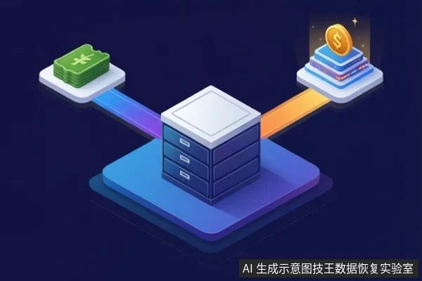 深色背景中,一个蓝色文件柜位于中央,左侧连接一叠绿色钞票,右侧连接一叠蓝色钞票和一枚金币,示意数据价值与恢复成本的关系。