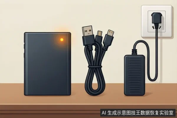 桌面上放置一台黑色外置移动硬盘,右上角橙色指示灯亮起,旁边是一捆USB数据线和插在墙壁插座上的电源适配器。