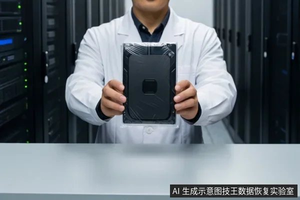一名穿白大褂的亚洲成年男性在服务器机房背景前,双手持握一块封装在透明塑料膜中的黑色移动硬盘。