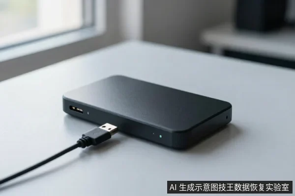 黑色方形外置硬盘平放在浅色桌面上,侧面USB接口插着一根黑色数据线,旁边有绿色指示灯