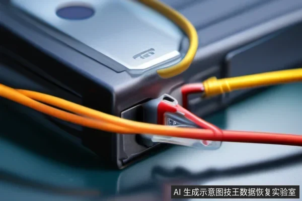 黑色移动硬盘设备平放,侧面接口处夹着红色探针夹,并连接黄色与橙色检测导线,呈现接口供电检测状态。