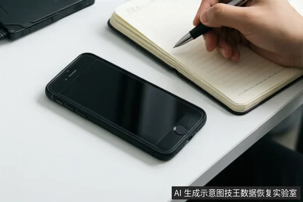 白色桌面上放着一部黑色智能手机，旁边是一本打开的横线笔记本，一只手正握笔在纸上书写。