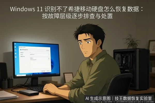 文章内容场景示意图:Windows 11 识别不了希捷移动硬盘怎么恢复数据:按故障层级逐步排查与处置