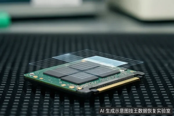 黑色网格桌面上放置一块绿色PCB的固态硬盘,盘体上方悬浮半透明网格与光带示意层,背景虚化。