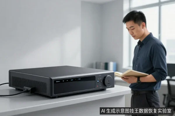一名男子在办公桌旁阅读文件,桌上放着一台黑色机架式设备,侧面有接口和线缆连接。