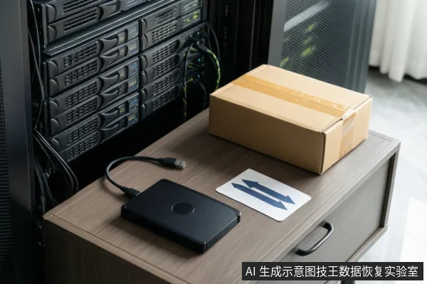 木桌上放黑色外置硬盘、牛皮纸快递盒与双向箭头卡片,左侧为多层硬盘机架设备。