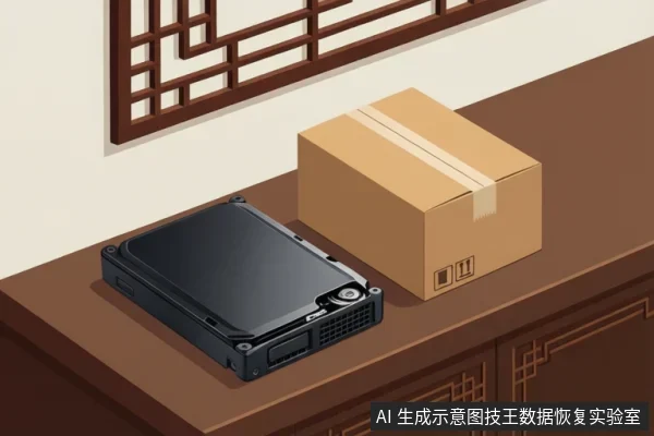 木桌上并排放置一块黑色机械硬盘和一个贴有胶带及搬运标识的棕色快递纸箱，背景为中式窗格与木柜。