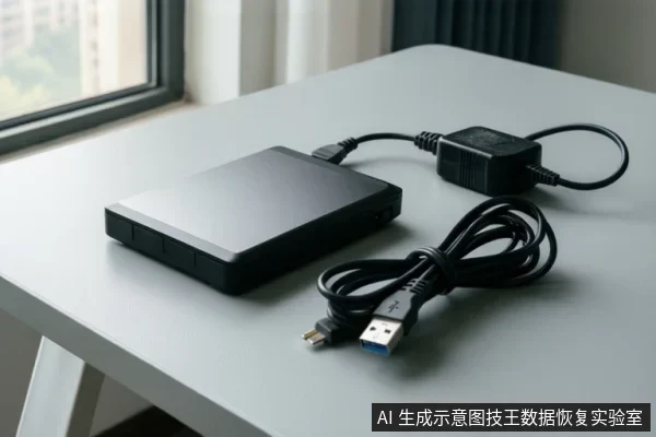 白色桌面上放置一台黑色外置移动硬盘，旁边有黑色电源适配器和一根盘绕的USB数据线，背景为窗户与窗帘。