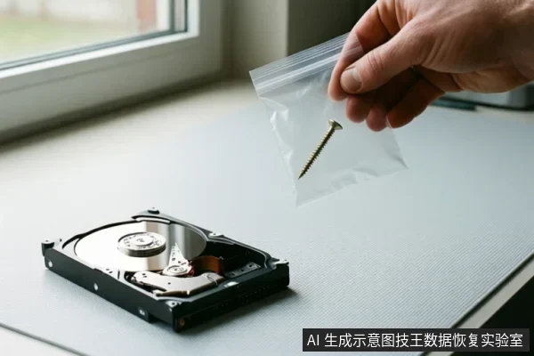 桌面上放置一块打开外壳的机械硬盘，一只手拿着透明自封袋，袋内装有一枚螺丝。