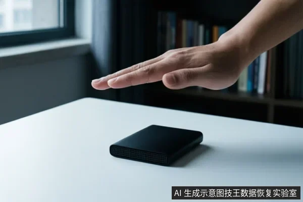 一只手悬停在白色桌面上的黑色移动硬盘上方，背景为书架和窗户。