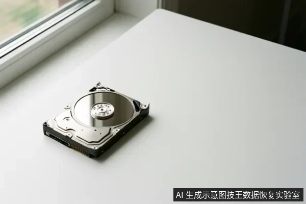 白色桌面上放置一块打开顶盖的机械硬盘,可见圆形盘片、中心主轴和磁头组件,旁边是窗户。