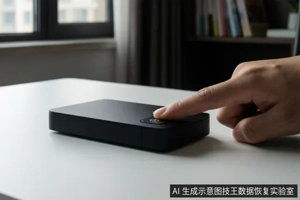 一只手的手指正在按压白色桌面上一个黑色移动硬盘侧面的圆形按钮,背景为室内窗边环境。