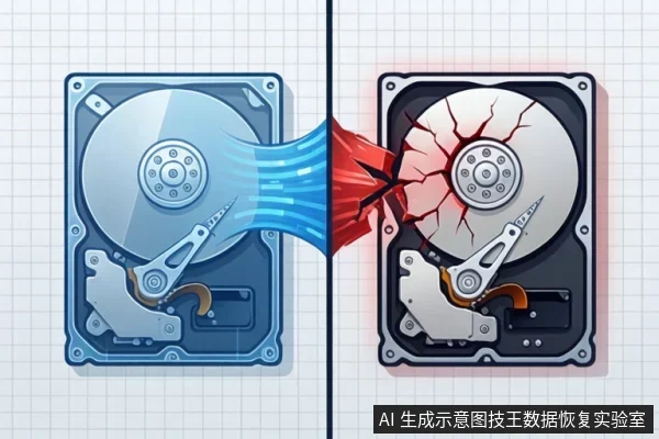 画面分为左右两部分,左侧为蓝色硬盘,右侧为黑色硬盘,中间有红色碰撞效果,右侧硬盘盘片出现裂纹。