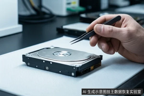 A hand holding tweezers over an opened 3.5-inch hard drive on a white mat.