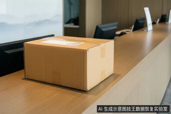 木质服务台面上放置一个封好的棕色纸箱，背景为办公环境，可见多台显示器和立式标牌。