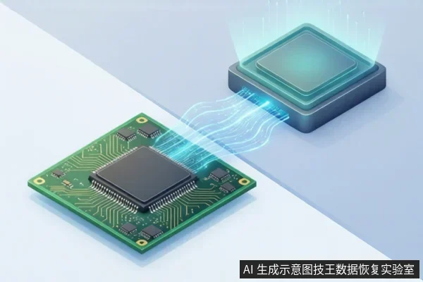 绿色电路板上的黑色芯片通过蓝色数据流连接至右侧读取设备,示意数据被读取传输。