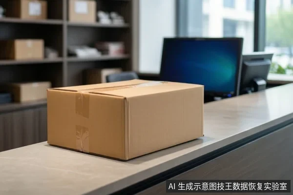 办公前台桌面上放置一个棕色纸箱，背景有电脑显示器和货架。