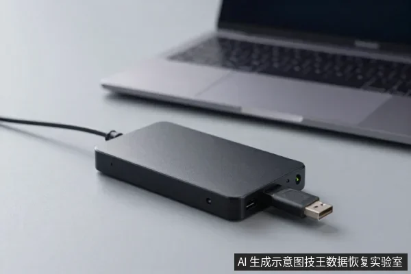 黑色多口扩展坞平放在桌面,侧面插着一根HDMI线,另一端线缆连向背景中银色笔记本电脑。