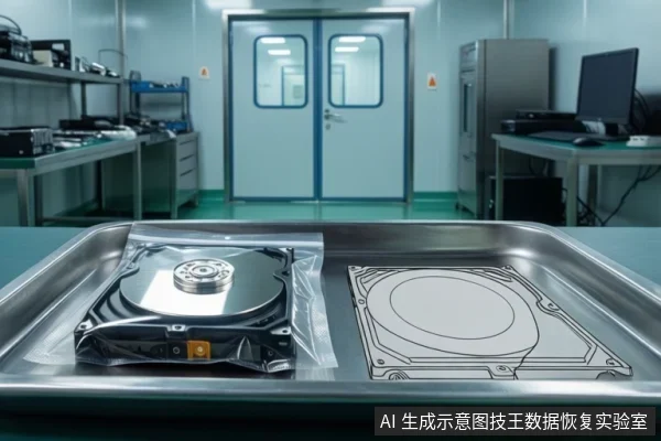 金属托盘上放着封装在防静电袋中的机械硬盘,右侧印有硬盘轮廓线框,背景为带双开门的实验室工作台与电脑
